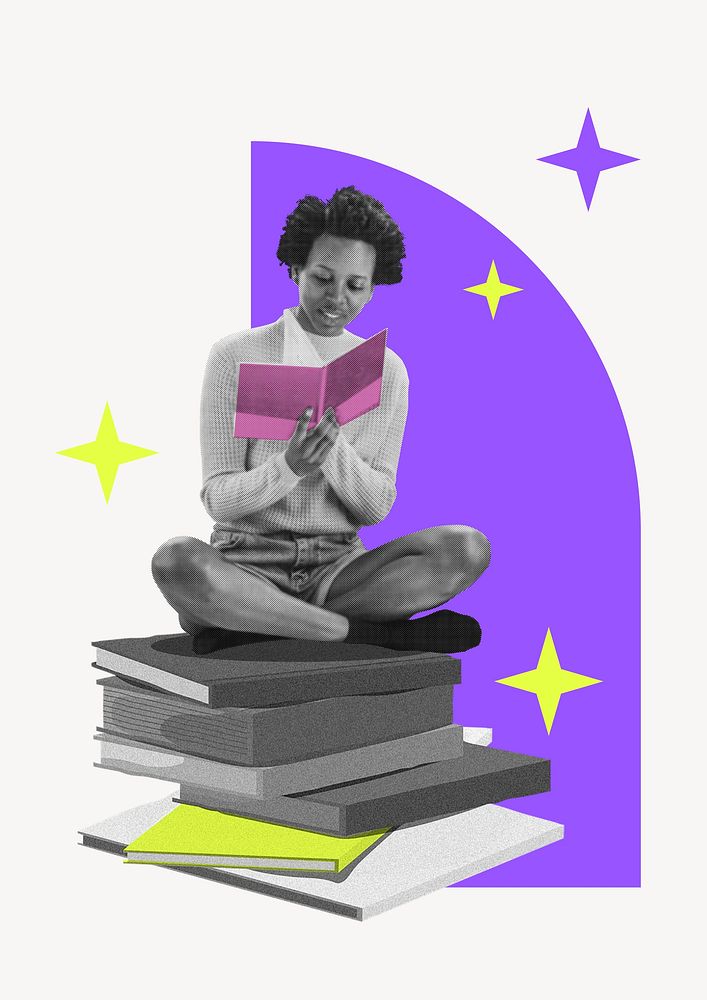Reading woman, retro education illustration psd