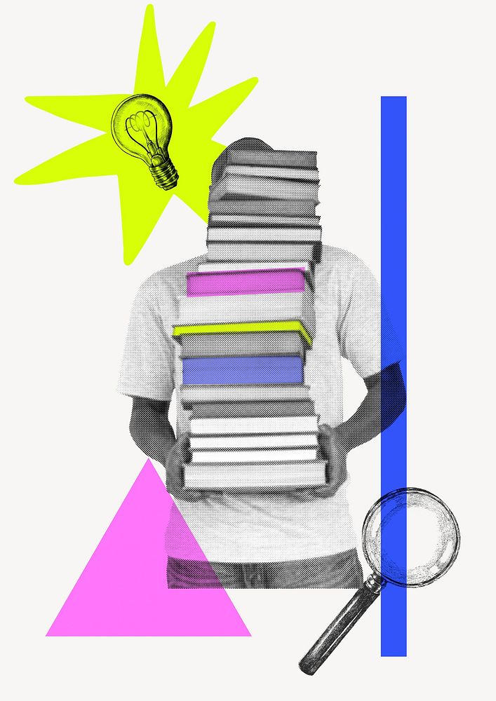 Man holding book stack  illustration, colorful education design 
