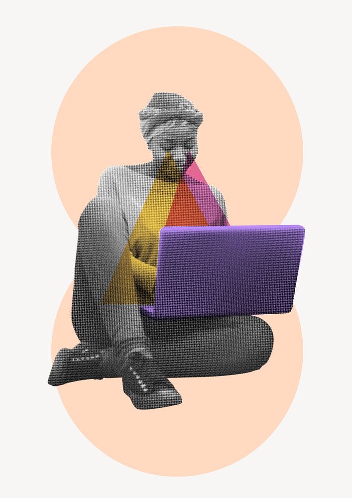 Woman using laptop, retro education, colorful illustration psd