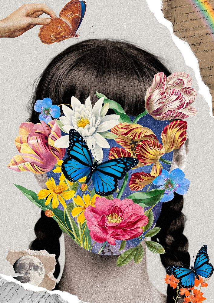 Surreal woman portrait background, flower remixed media psd