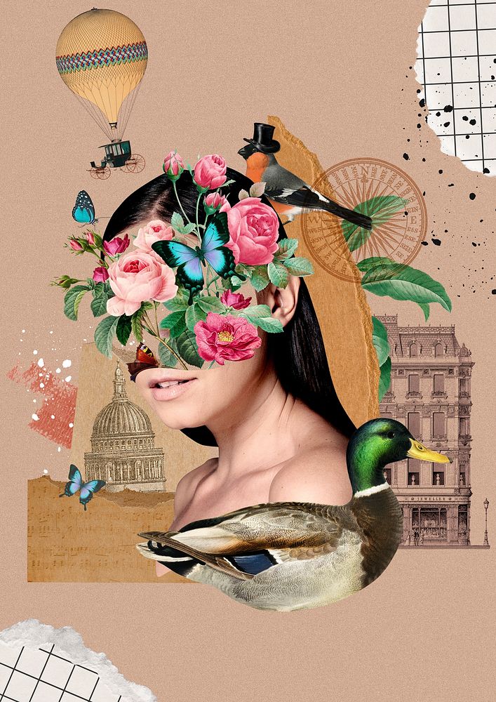 Surreal floral woman portrait background, abstract collage art