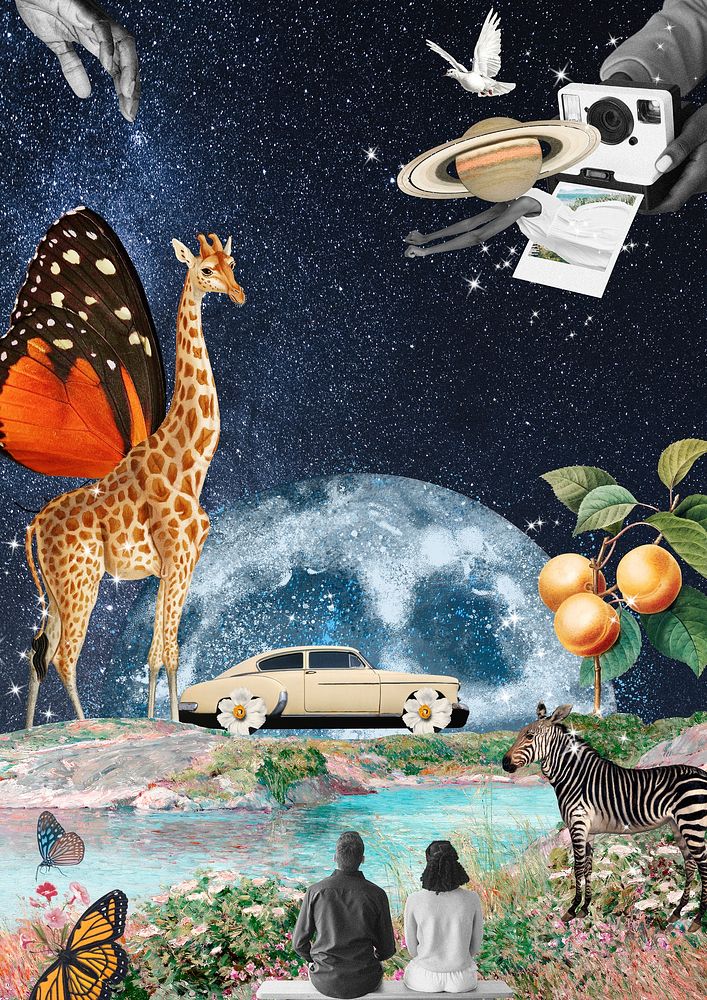 Aesthetic galaxy collage background, surrealism art