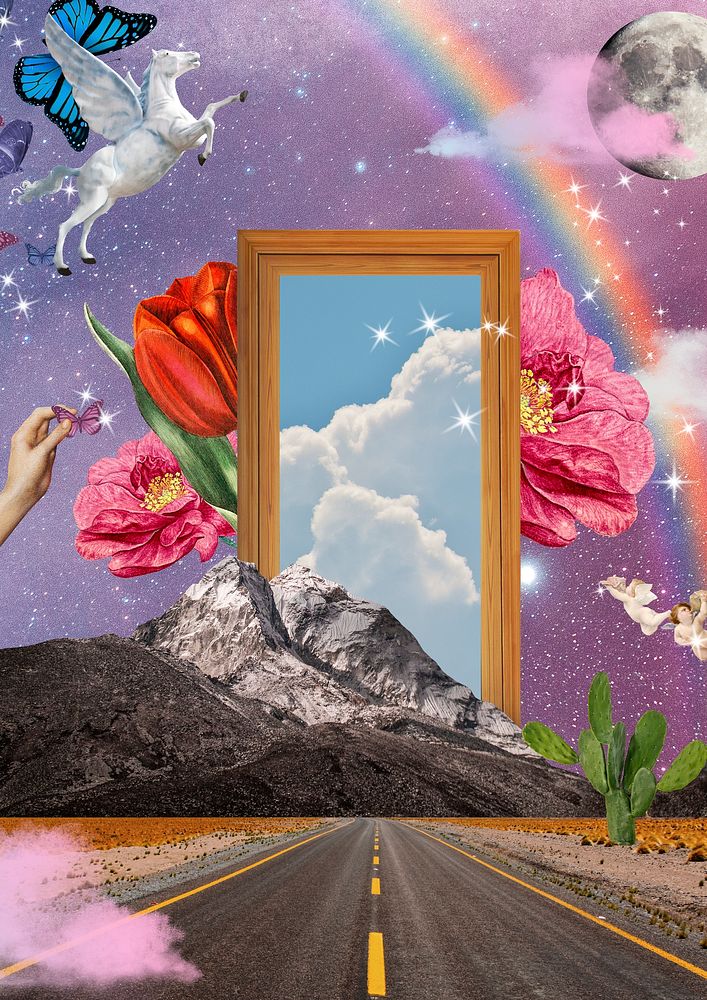 Aesthetic magical road background, surreal escapism collage art psd