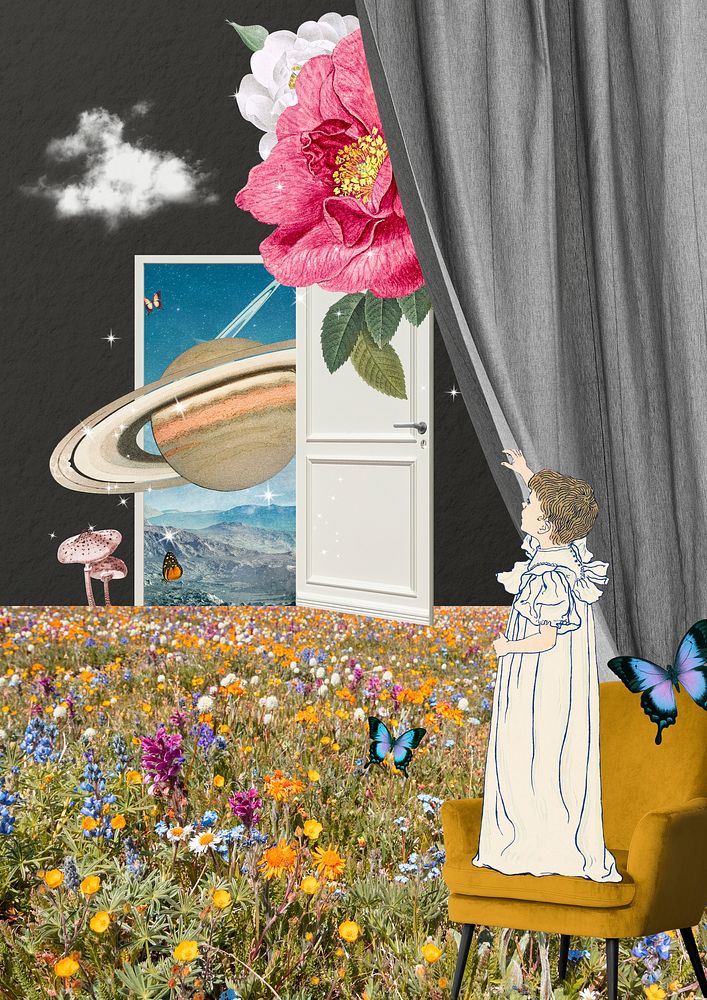 Magical realism background, surreal escapism collage art psd