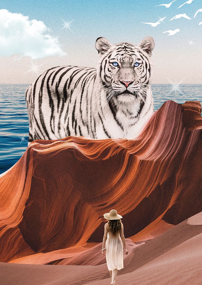 Antelope canyon background, surreal art with tiger, travel remixed media psd