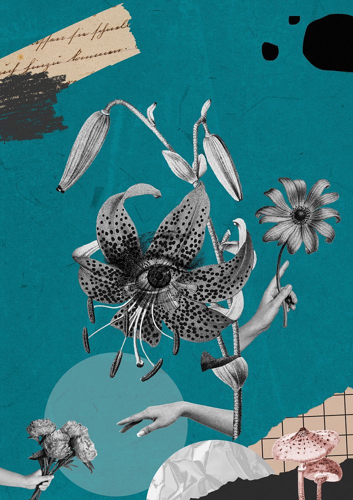 Creepy surrealism collage background, vintage flower design psd