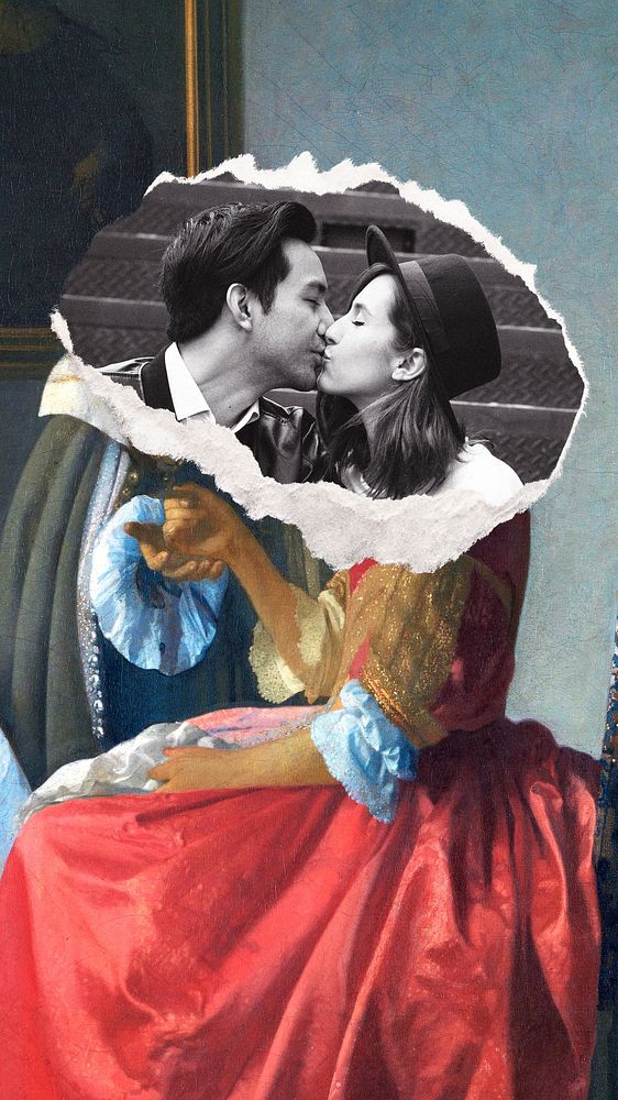 Couple kissing remix mobile wallpaper, vintage painting  remixed by rawpixel