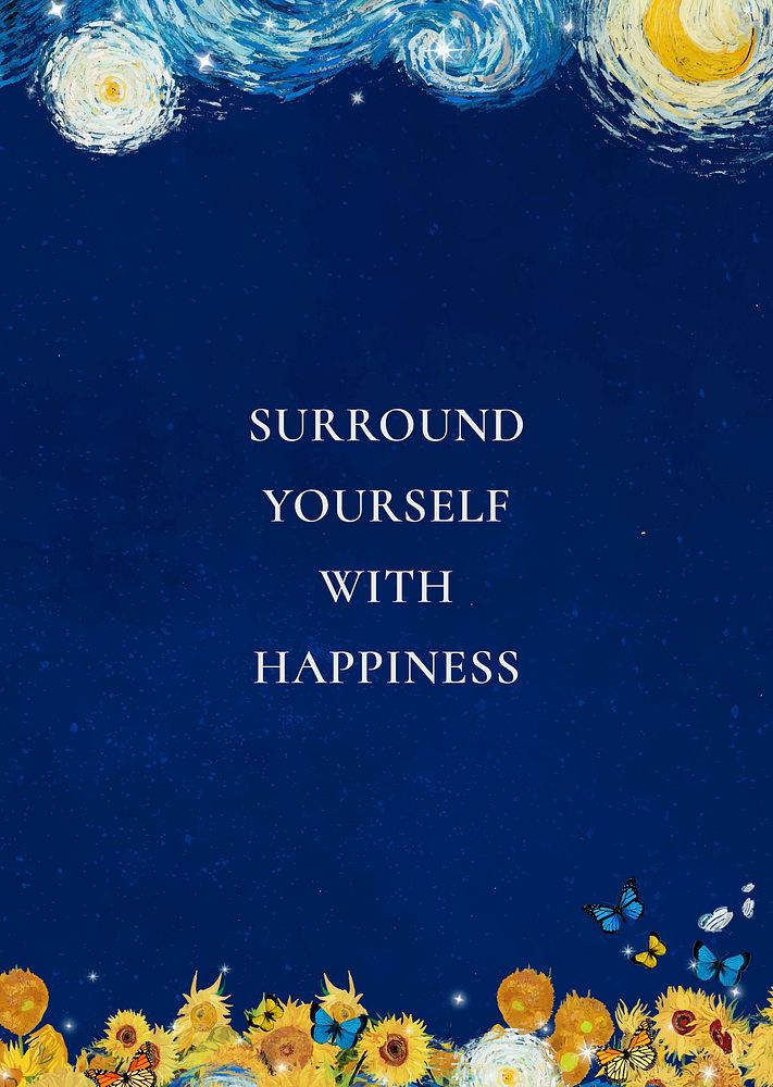 Happiness quote poster template,  Starry Night painting remixed by rawpixel vector