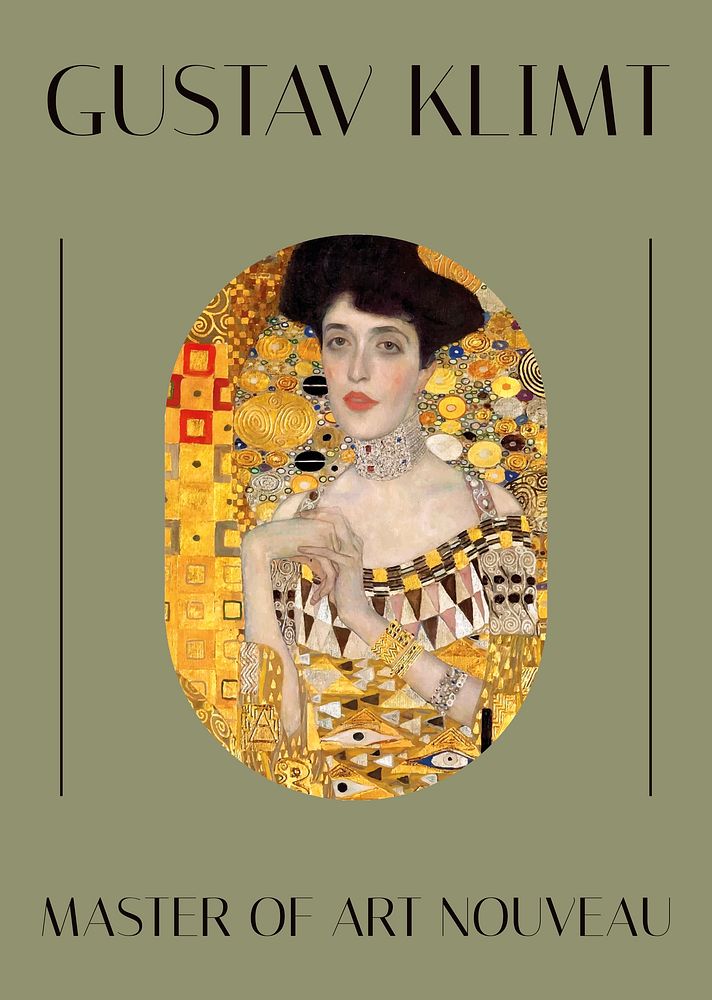 Gustav Klimt poster template,  Adele Bloch-Bauer painting remixed by rawpixel psd