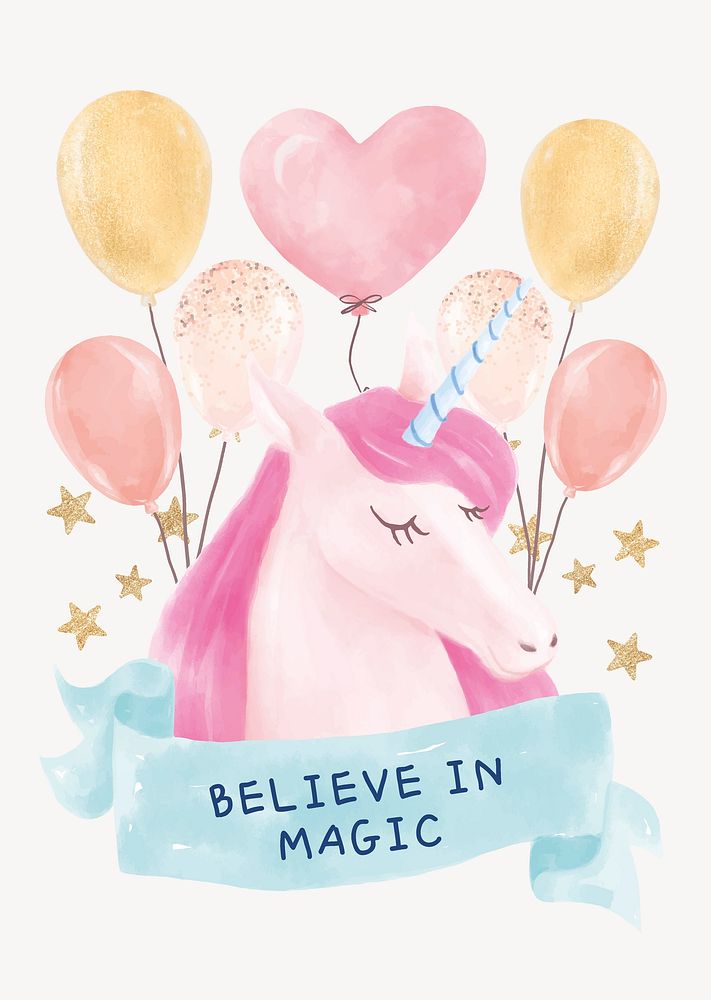 Cute unicorn poster template, watercolor design vector