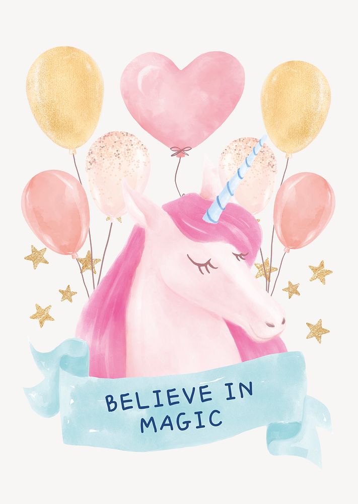 Cute unicorn poster template, watercolor design psd