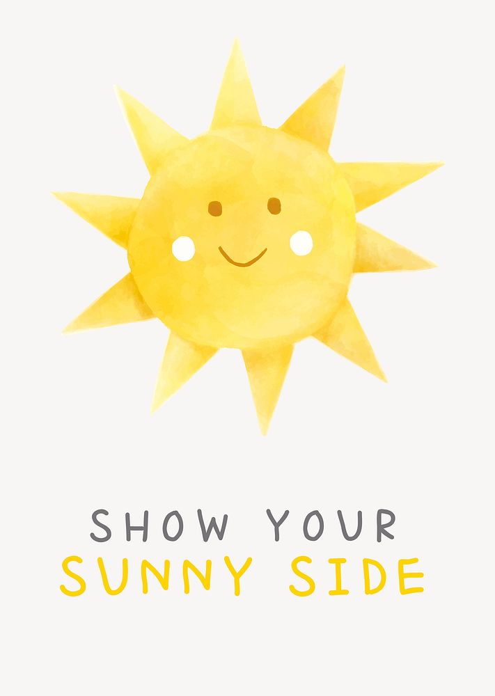 Cute sun poster template, watercolor design psd