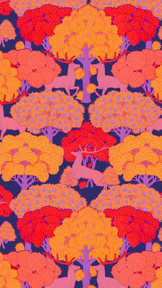 Colorful forest pattern iPhone wallpaper, vintage animal, Maurice Pillard Verneuil artwork remixed by rawpixel