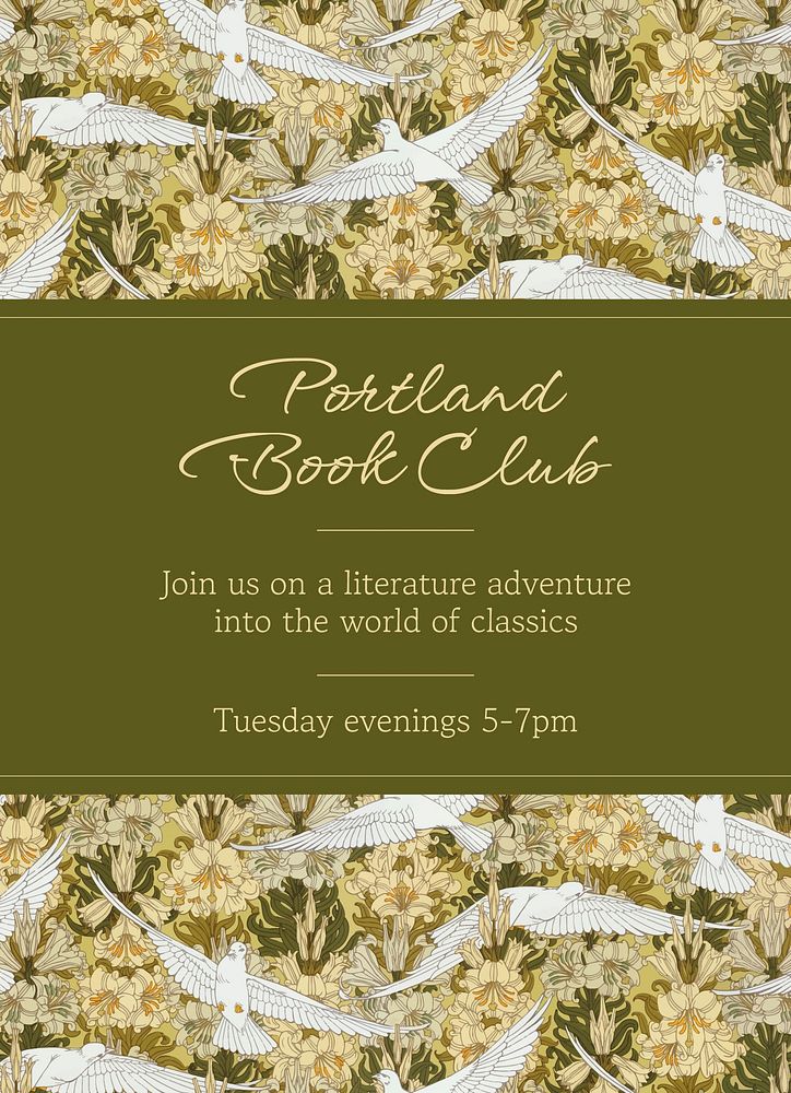 Book club invitation card template, green bird pattern vector, famous Maurice Pillard Verneuil artwork remixed by rawpixel