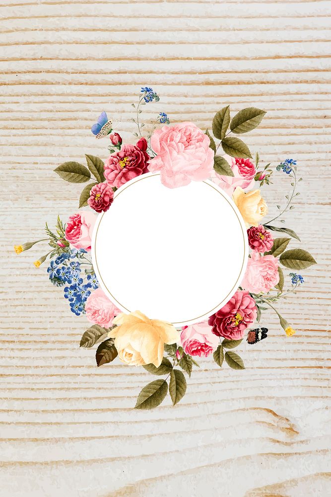 Floral round frame on a wooden background vector