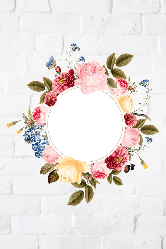 Floral round frame on a brick wall vector