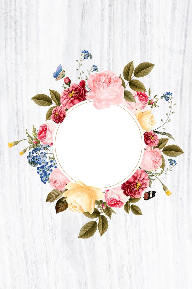 Floral round frame on a wooden background vector