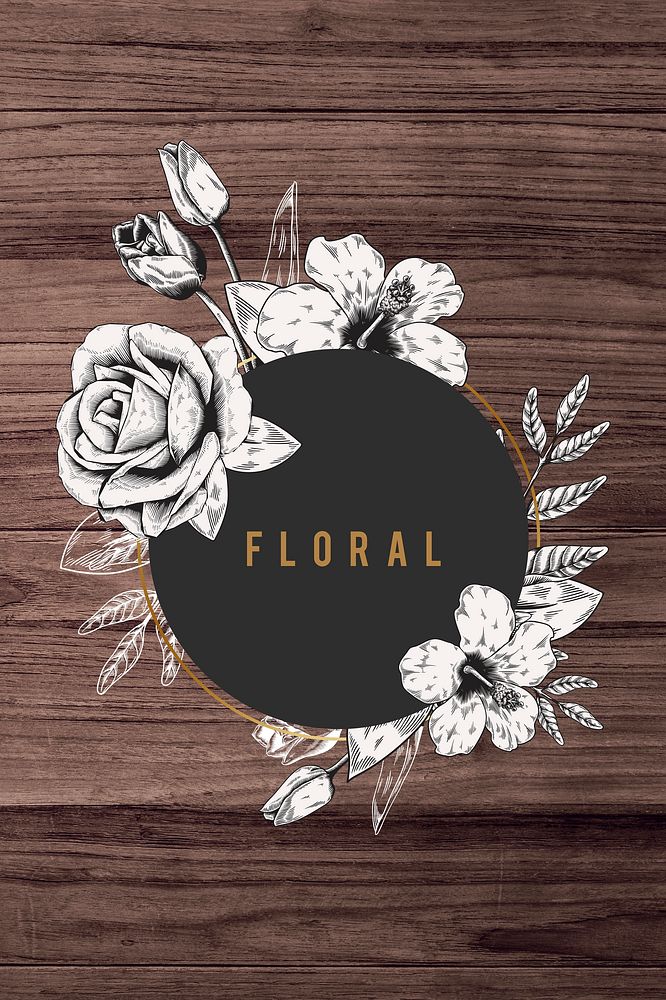 Floral frame brown wood textured background illustration