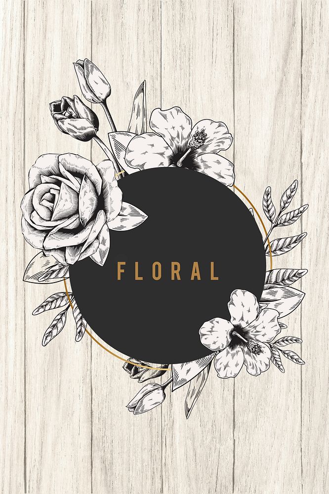 Floral frame beige wood textured background illustration