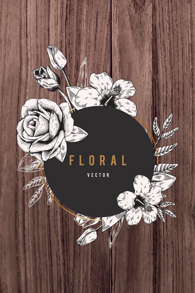Floral frame on brown wood textured background vector
