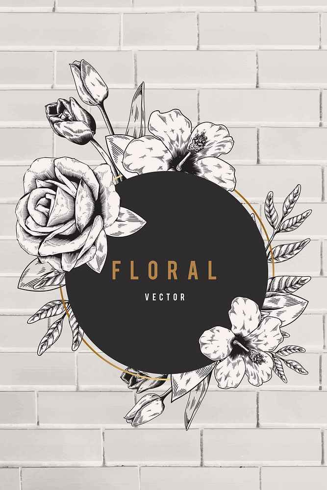 Floral frame beige brick wall background vector
