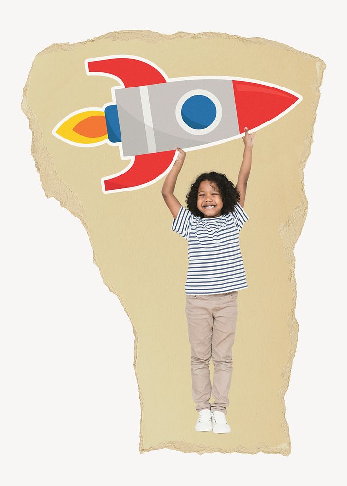 Boy holding rocket, ripped paper collage element