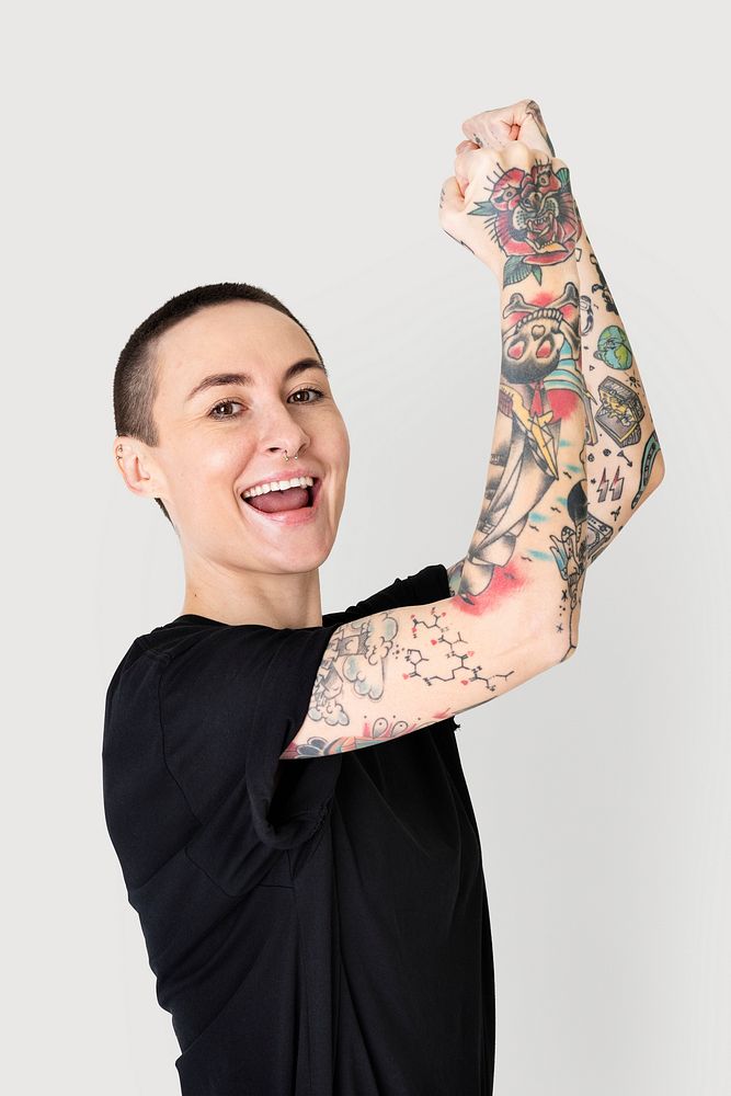 Tattooed woman in a black t-shirt 