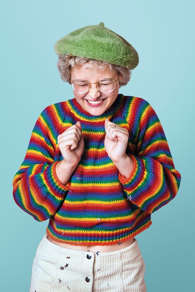 Happy lesbian woman in a colorful sweater 