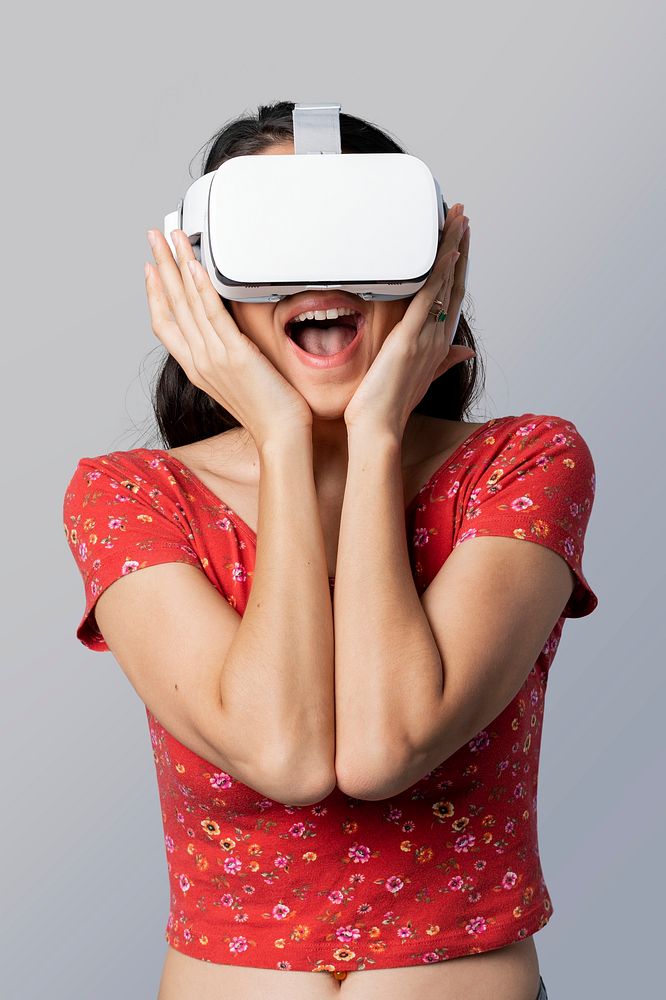 Woman having fun with a VR headset mockup