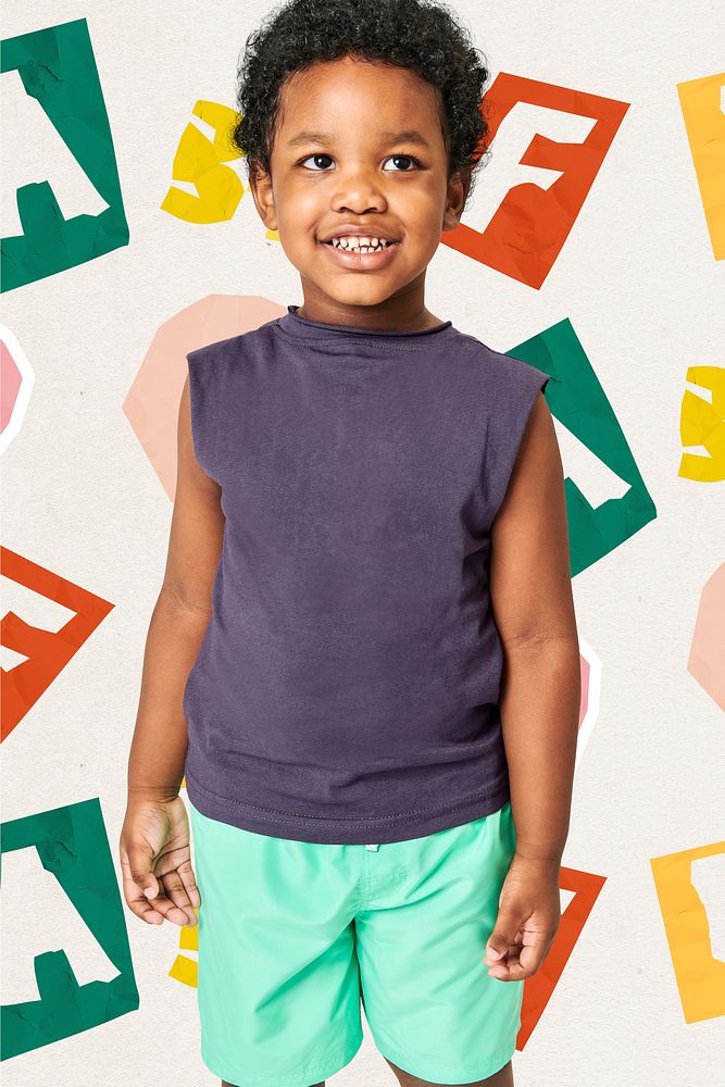 Kid model in a gray sleeveless