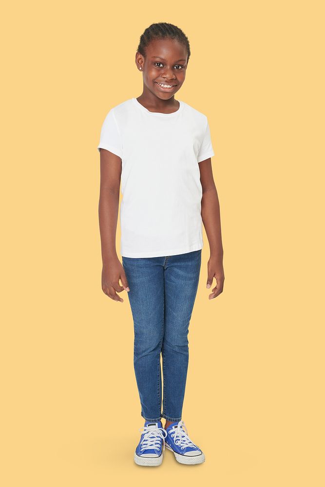 Black girl wearing white t shirt studio shot