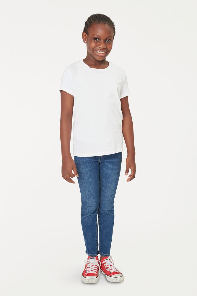 Black girl wearing white t shirt and jeans full body
