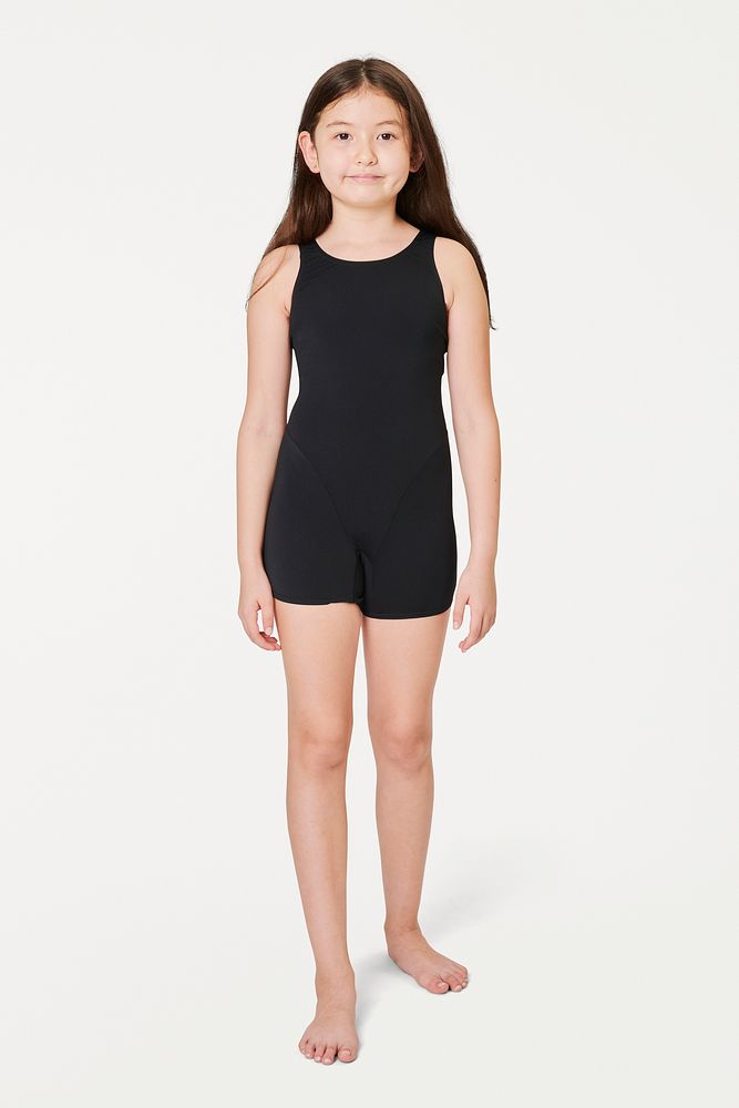 Full body girl's black casual swimwear in studio