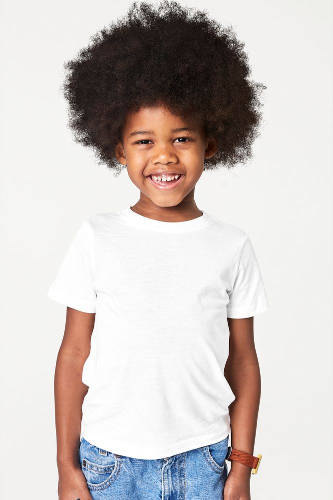 Black boy wearing white t-shirt in studio