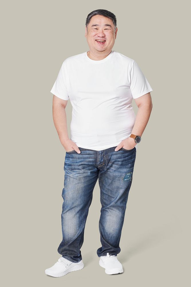 Men's white t-shirt and jeans plus size fashion full body