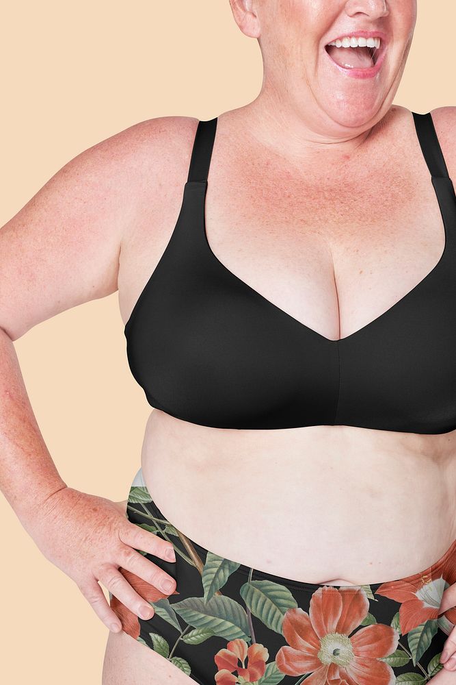 Plus-size woman in black bra