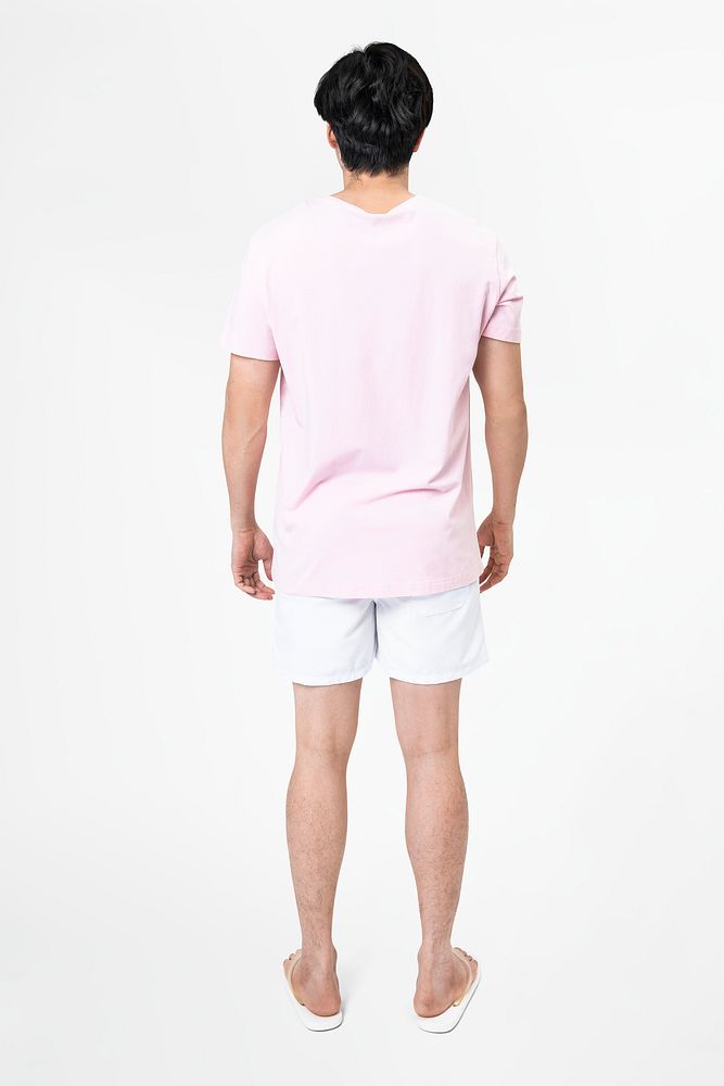 Man mockup psd rear view with T-shirt and shorts men&rsquo;s basic wear full body