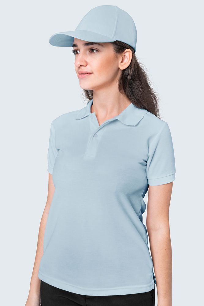 Woman in blue polo shirt and blue cap apparel studio shoot