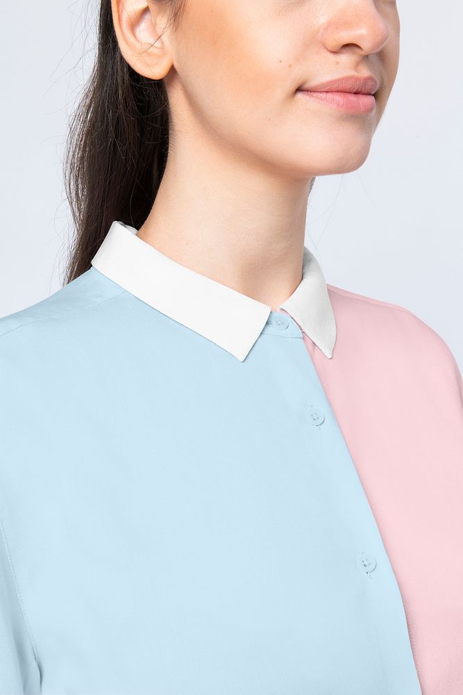 Beautiful woman wearing blue and pink shirt