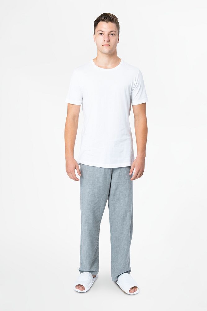Man in white t-shirt and pants sleepwear apparel