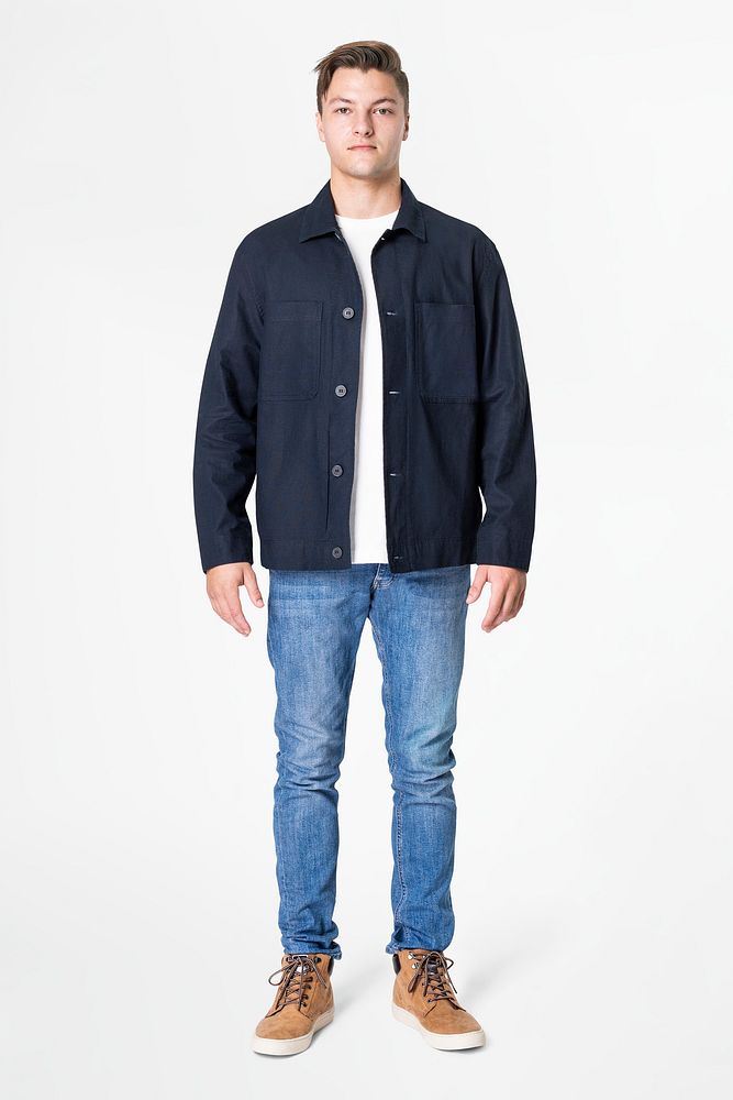 Man mockup psd wearing jacket and jeans men&rsquo;s basic wear full body
