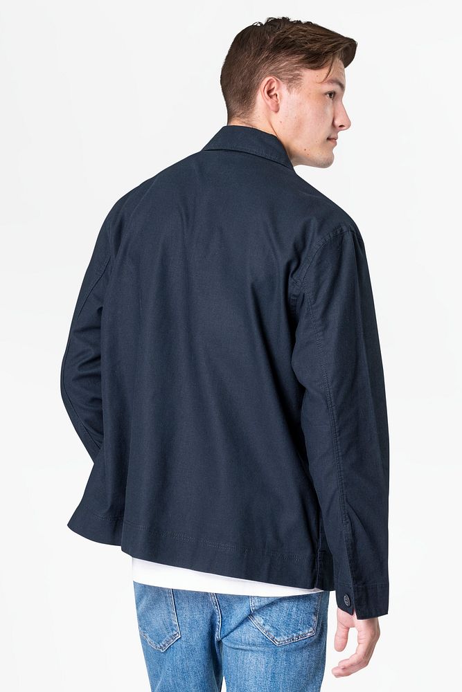 Man in navy jacket and jeans streetwear rear view