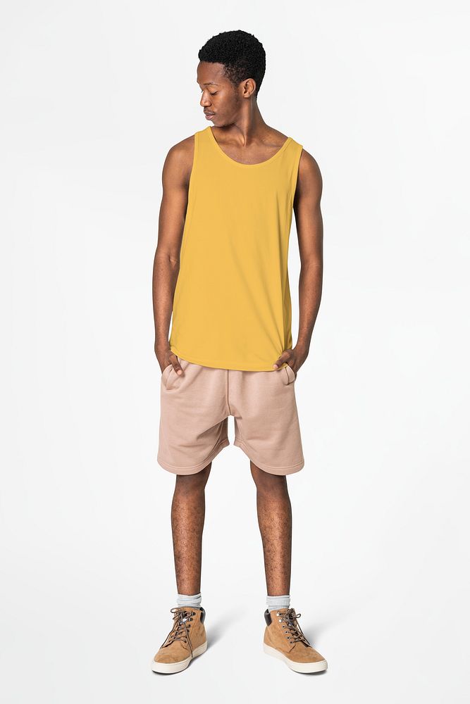 Yellow tank top and shorts men&rsquo;s summer apparel