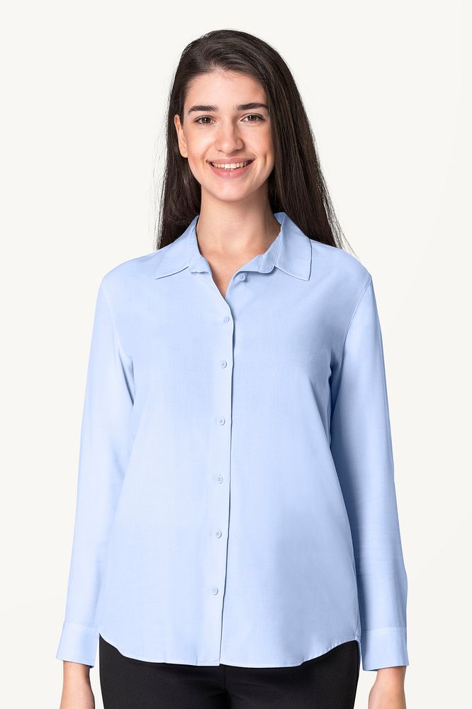 Woman in blue shirt and pants with design space casual wear fashion