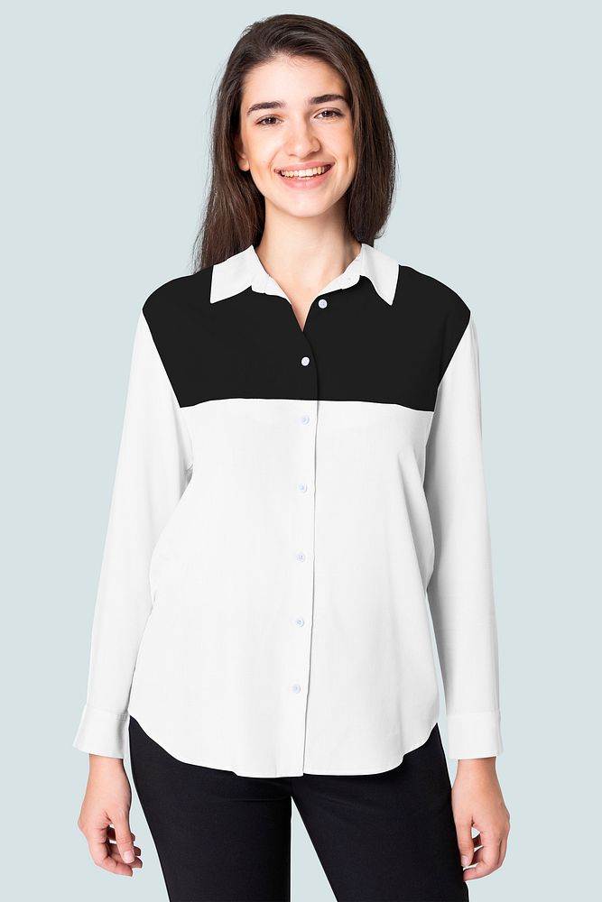 Teenage woman wearing long sleeve shirt in black and white color
