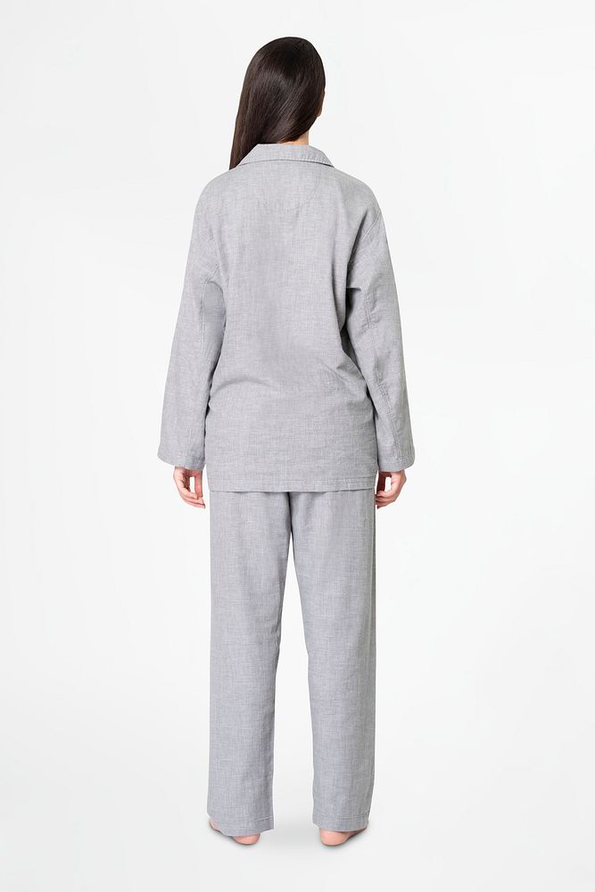 Woman in gray pajamas comfy sleepwear apparel rear view