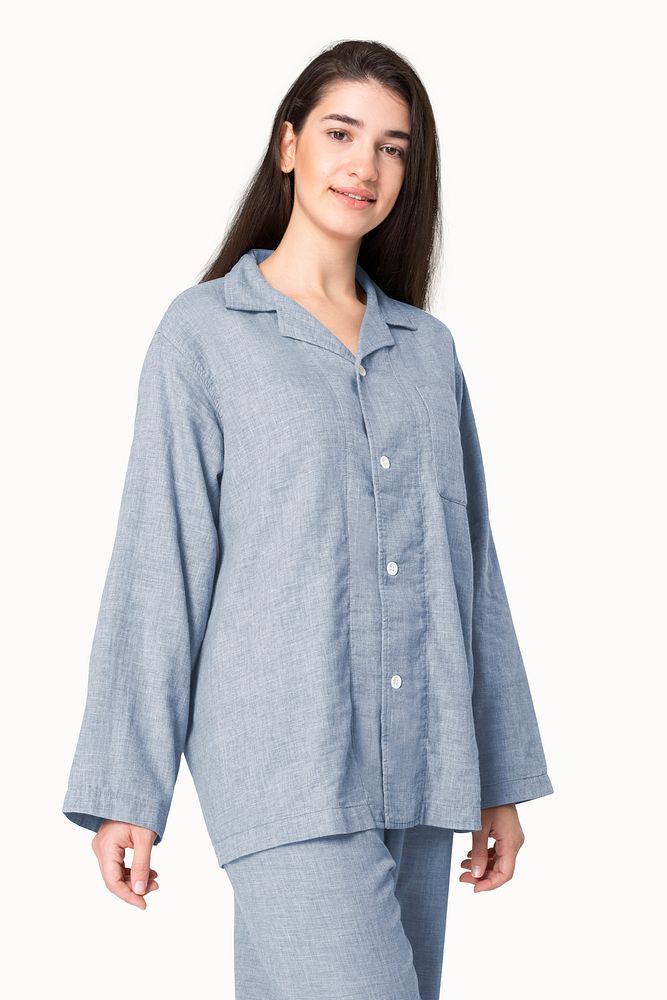 Woman in gray pajamas nightwear studio shoot