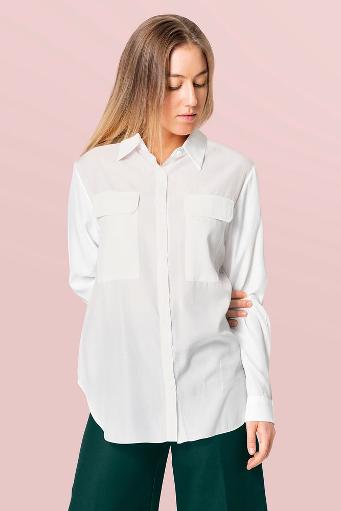 Woman in white shirt and pants with design space casual wear fashion f