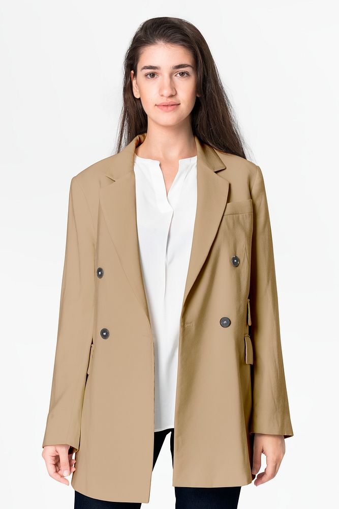 Beige women&rsquo;s coat outerwear casual fashion with design space full body