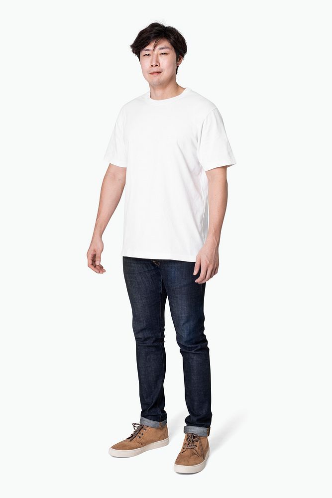 Man mockup psd wearing t-shirt with jeans men&rsquo;s basic wear full body